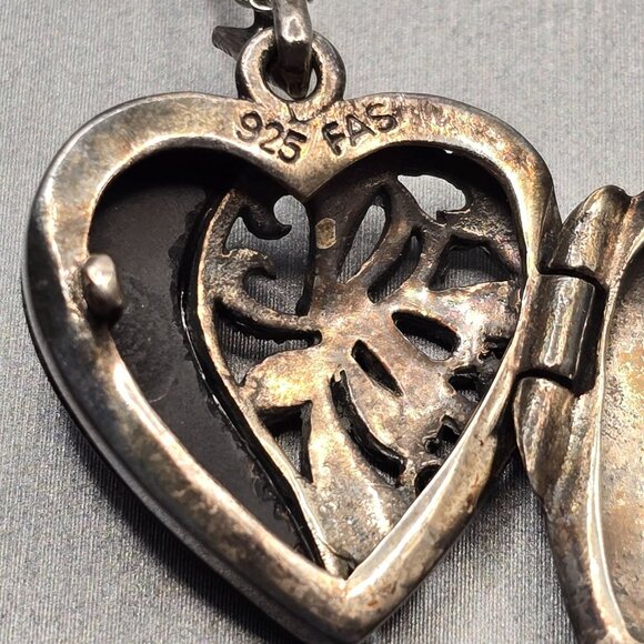 VTG FAS Sterling Silver Marcasite Onyx Heart Locket Pendant 1" Cutouts Signed - Picture 6 of 13